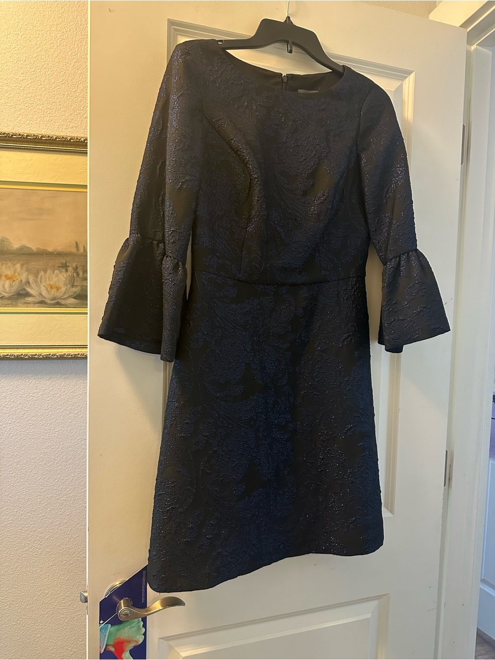 Adrianna Papell Navy Jacquard Bell-Sleeve Midi Dress